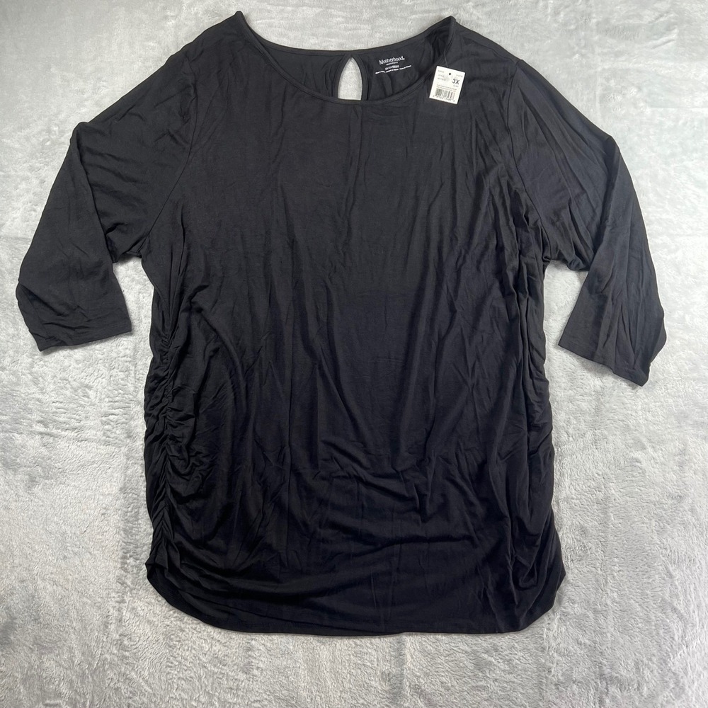 Motherhood Maternity Black 3/4 Sleeve Ruched Side Keyhole Back Top 3X NWT 96779